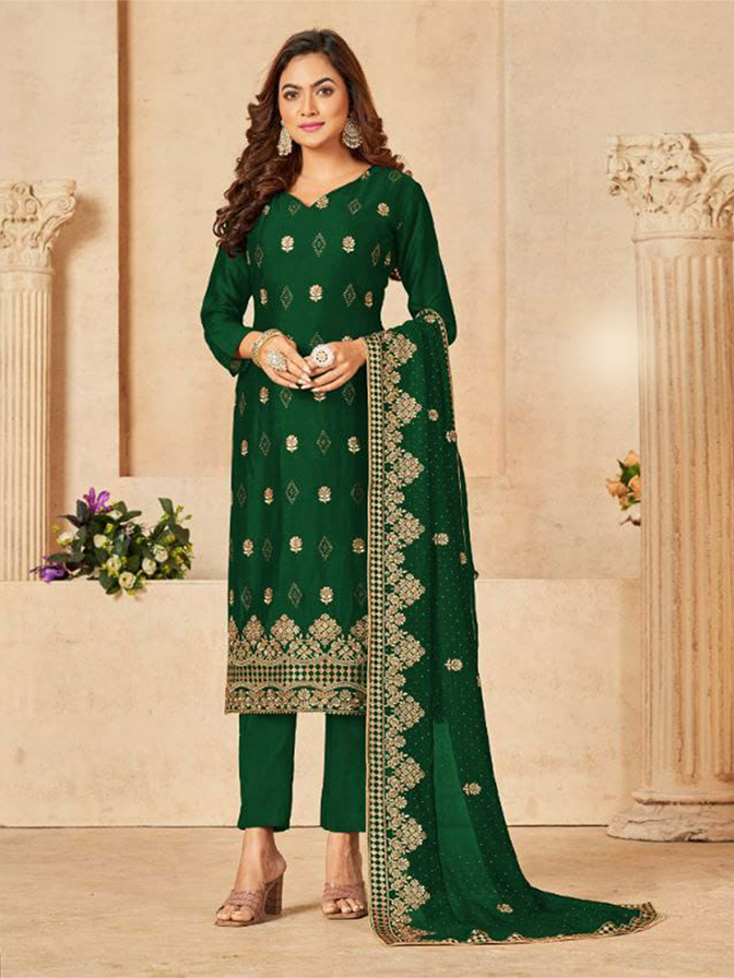 Standing Green Blooming Vichitra Zari Gold Embroidered with Swarovski Diamond UNSTITCHED Suit