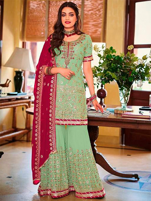 Standing Green Heavy Faux Georgette Gold Embroidery and 5mm Sequins Work Sharara with Contrast Dupatta RK100121 two images_