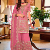 Standing Hot Pink Heavy Faux Georgette Gold Embroidery and 5mm Sequins Work Sharara RK100121_