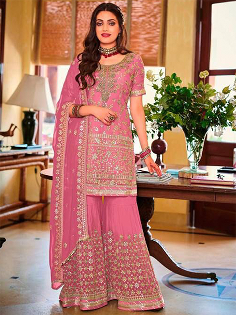 Standing Hot Pink Heavy Faux Georgette Gold Embroidery and 5mm Sequins Work Sharara RK100121_