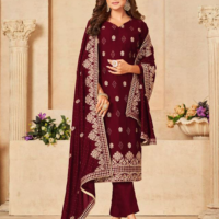 Standing Maroon Blooming Vichitra Zari Gold Embroidered with Swarovski Diamond UNSTITCHED Suit