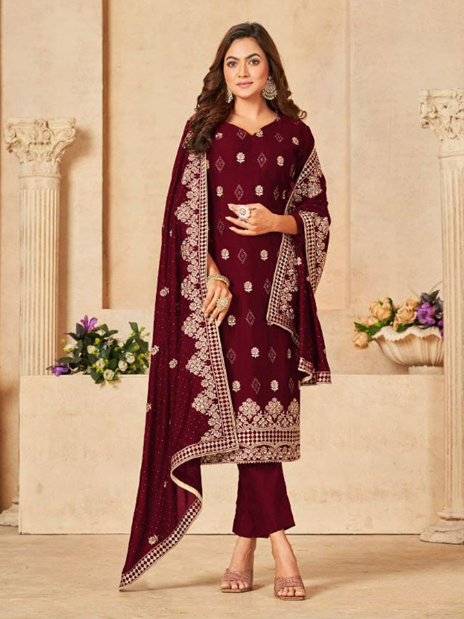Standing Maroon Blooming Vichitra Zari Gold Embroidered with Swarovski Diamond UNSTITCHED Suit
