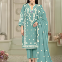 Standing Mint Green Heavy Fox Georgette Thread Embroidered Trouser Suit RK100117_