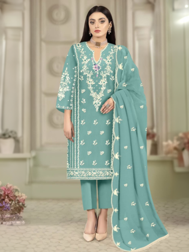Standing Mint Green Heavy Fox Georgette Thread Embroidered Trouser Suit RK100117_