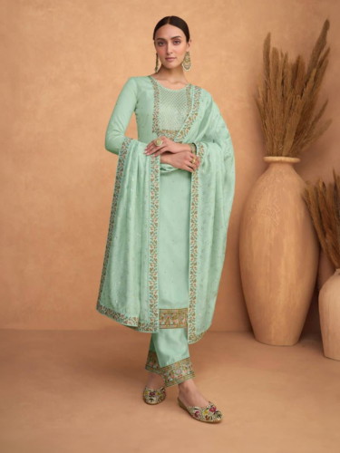 Standing Mint Green Premium Silk Embroidered with Sequins Work Salwar Kameez Suit RK100120_