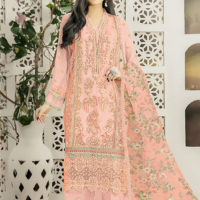 Standing Peach Organza Floral Thread Embroidered with Digital Printed Dupatta Suit - Unstitched_
