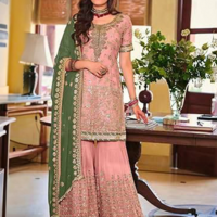 Standing Pink Heavy Faux Georgette Gold Embroidery and 5mm Sequence Work Sharara with Contrast Dupatta RK100121 two images