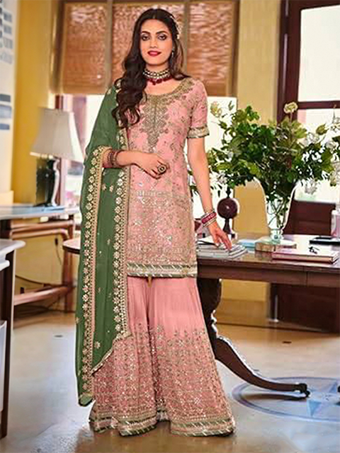 Standing Pink Heavy Faux Georgette Gold Embroidery and 5mm Sequence Work Sharara with Contrast Dupatta RK100121 two images