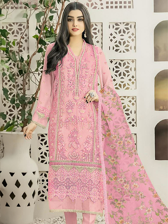 Standing Pink Organza Floral Thread Embroidered with Digital Printed Dupatta Suit - Unstitched RK