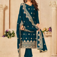 Standing Teal Blooming Vichitra Zari Gold Embroidered with Swarovski Diamond UNSTITCHED Suit