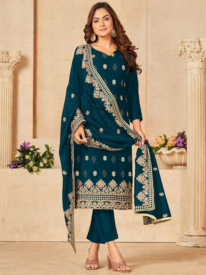 Standing Teal Blooming Vichitra Zari Gold Embroidered with Swarovski Diamond UNSTITCHED Suit