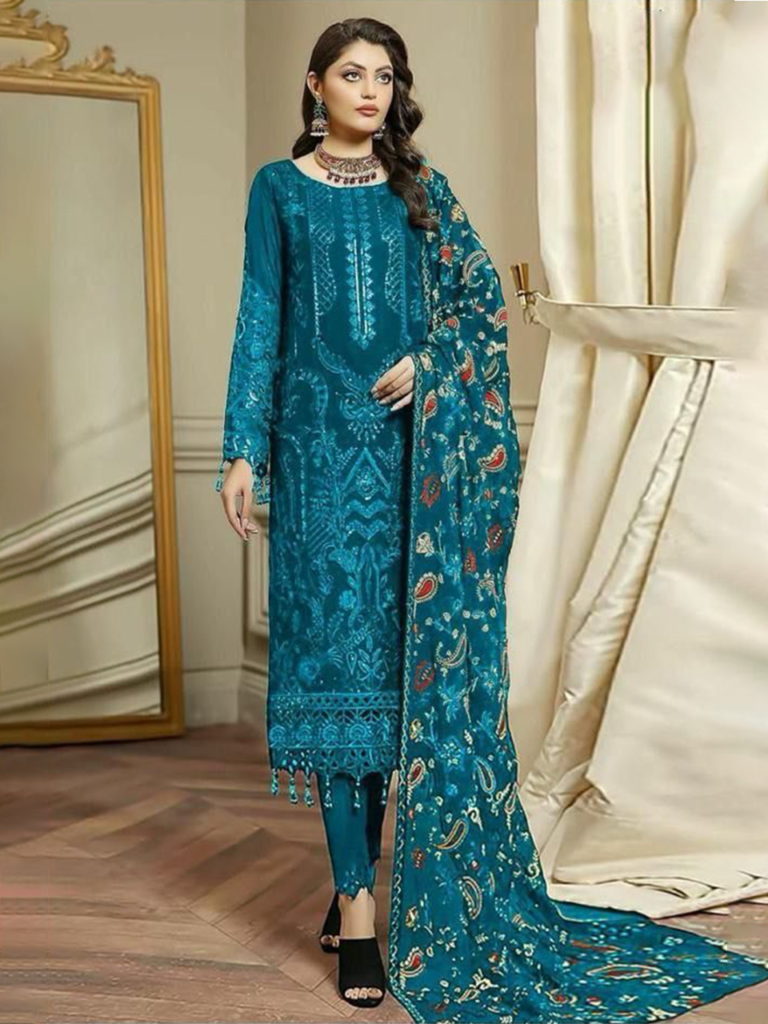 Standing Teal Fox Georgette with Heavy Pearl and Sequins Work Trouser Suit