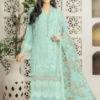 Standing Turquoise Organza Floral Thread Embroidered with Digital Printed Dupatta Suit - Unstitched RK_