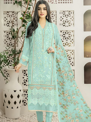 Standing Turquoise Organza Floral Thread Embroidered with Digital Printed Dupatta Suit - Unstitched RK_
