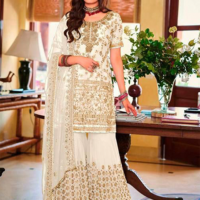 Standing White Heavy Faux Georgette Gold Embroidery and 5mm Sequins Work Sharara RK100121 two images