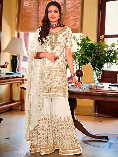 Standing White Heavy Faux Georgette Gold Embroidery and 5mm Sequins Work Sharara RK100121 two images