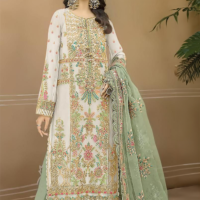 Standing White Organza Multi-Colored Thread Embroidered with Net Dupatta Suit - UNSTITCHED RK
