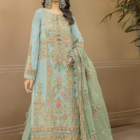 standing Baby Blue Organza Multi-Colored Thread Embroidered with Green Net Dupatta Suit - UNSTITCHED