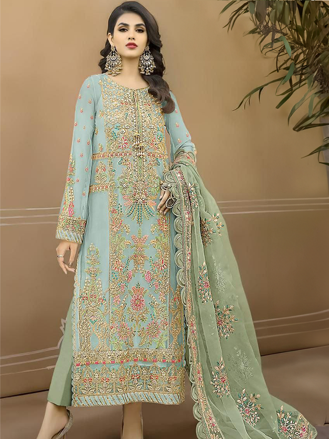 standing Baby Blue Organza Multi-Colored Thread Embroidered with Green Net Dupatta Suit - UNSTITCHED