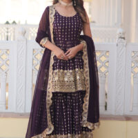 Deep-Purple-Faux-Georgette-with-Embroidery-and-Sequins-Work-Sharara-Suit---SM
