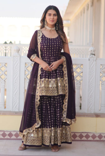 Deep-Purple-Faux-Georgette-with-Embroidery-and-Sequins-Work-Sharara-Suit---SM