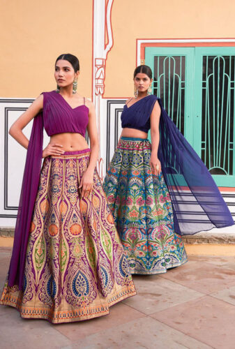 FINAL-2-models-Purple-Banarasi-Silk-Zari-Weave-Lehenga-with-Plain-Heart-Shaped-Georgette-Blouse