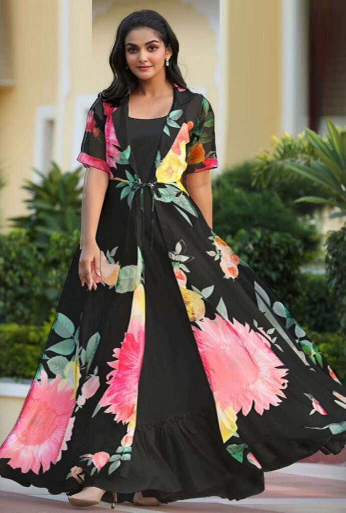 FINALFINAL-EDITED-Black-Faux-Georgette-with-Pink-Floral-Digital-Printed-Koti-Gown