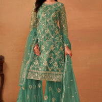 STANDING-POSE-2--Green-Net-with-Gold-Zari-Embroidery-Sharara-Suit---SM-standing