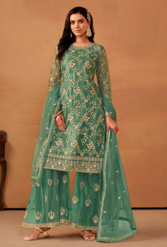 STANDING-POSE-2--Green-Net-with-Gold-Zari-Embroidery-Sharara-Suit---SM-standing