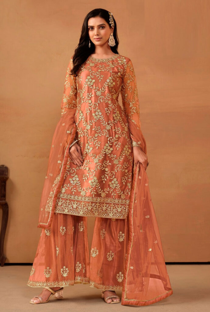STANDING-POSE-2--Orange-Net-with-Gold-Zari-Embroidery-Sharara-Suit---SM-standing