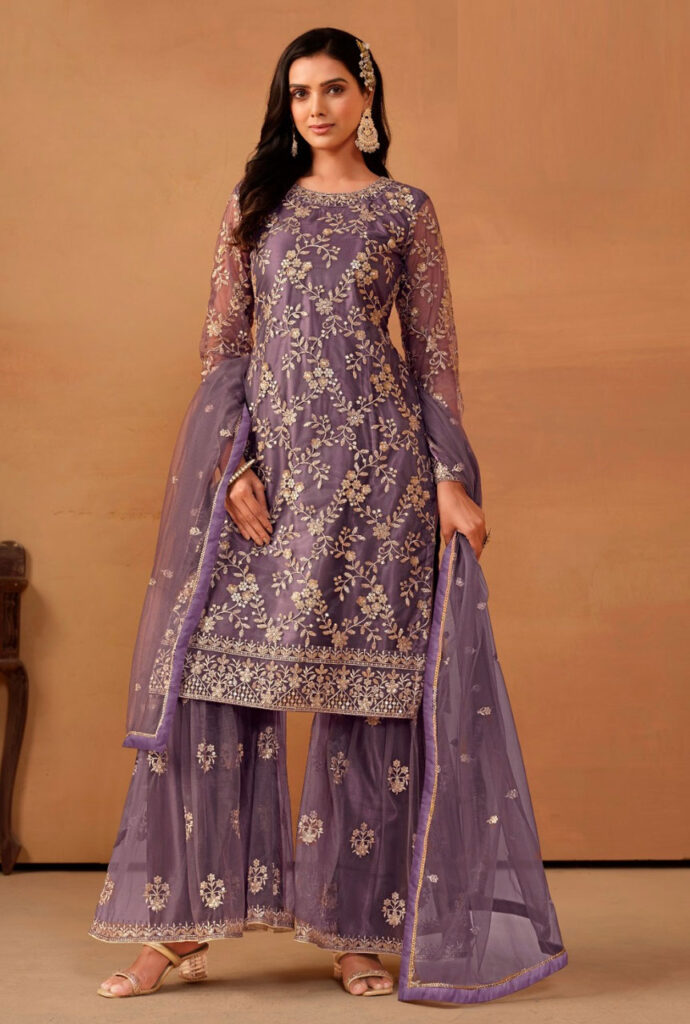 STANDING-POSE--Purtple-Net-with-Gold-Zari-Embroidery-Sharara-Suit---SM-standing