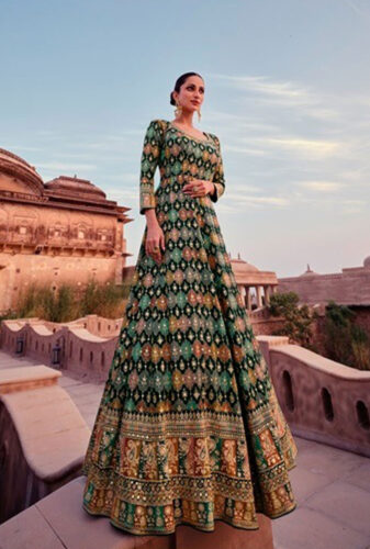 Standing-Dark-Green-Real-Georgette-with-Multi-Colour-Gold-Zari--Embroidery-and--Stonework-Anarkali--Gown
