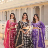 Three-Models-Jacquard-Gold-Embroidered-and-Sequins-Work-Lehenga-And-Choli---SM