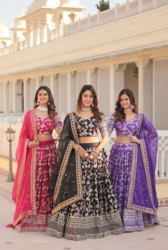 Three-Models-Jacquard-Gold-Embroidered-and-Sequins-Work-Lehenga-And-Choli---SM